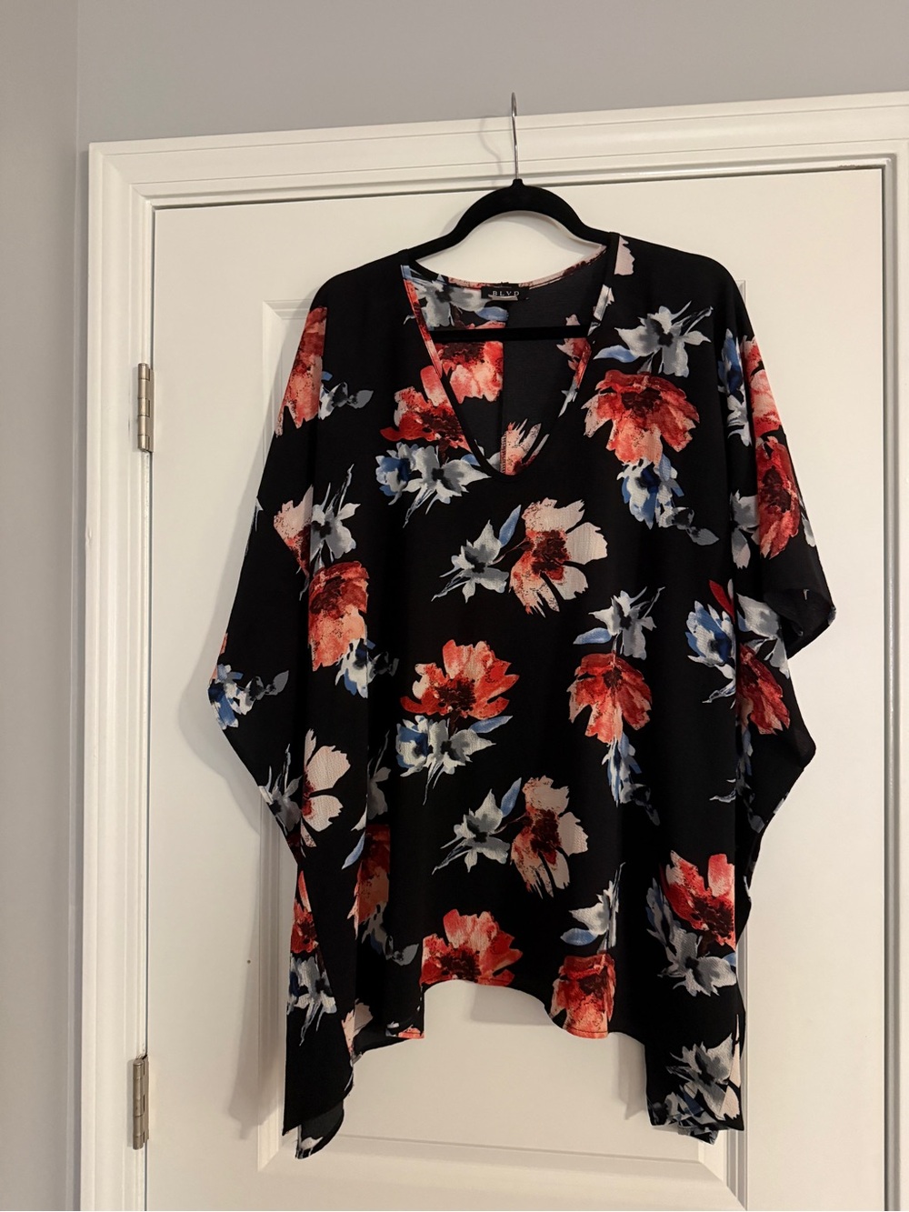 BLVD Black Floral V-Neck Tunic with Red & Blue Blooms